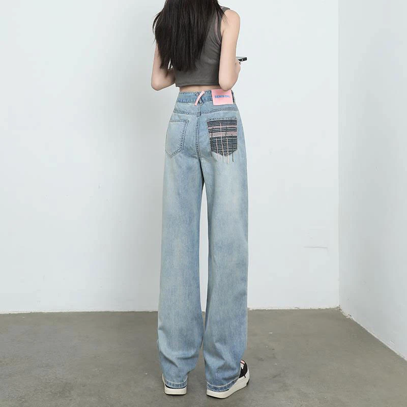 

Denim clash color straight pants women high waist pockets embroidered fringe design sense niche trailing wide leg long pants
