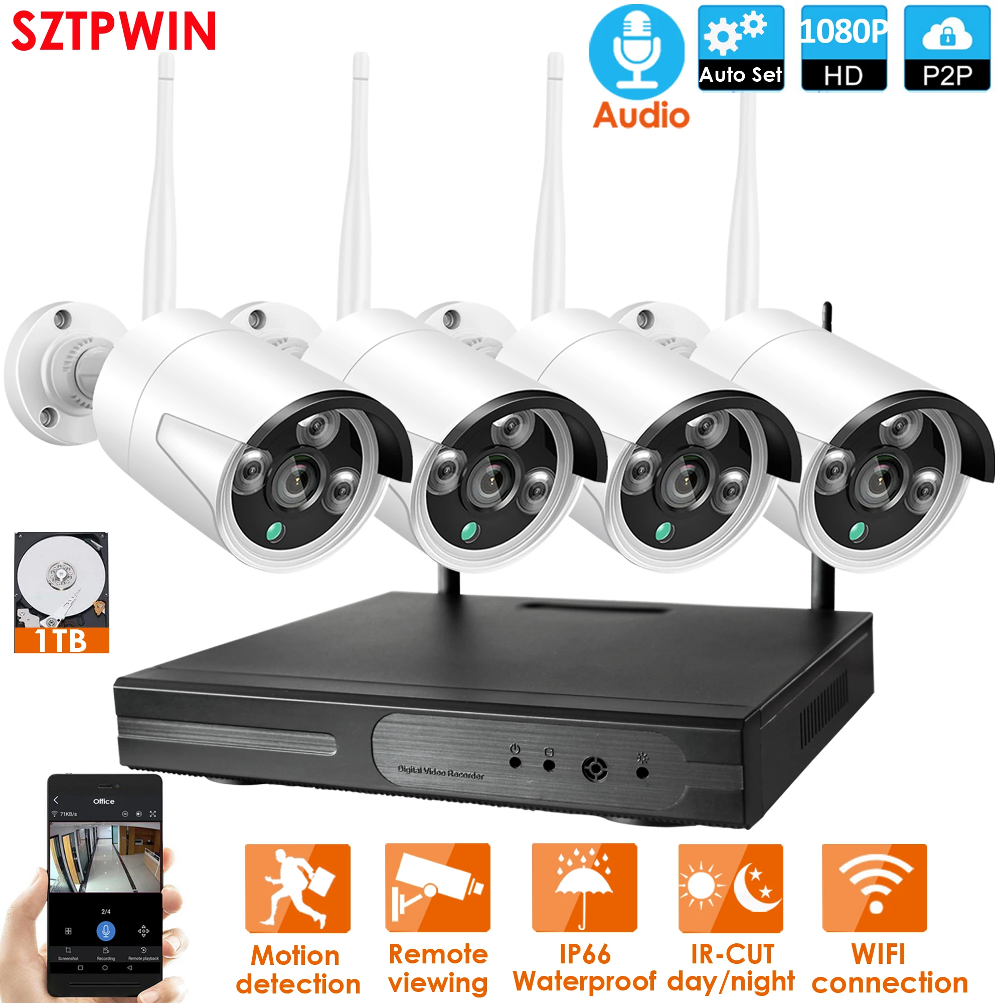 

4CH 1080P HD Audio Wireless NVR Kit P2P 3.0MP Indoor Outdoor IR Night Vision Security 4pcs Audio IP Camera WIFI CCTV System
