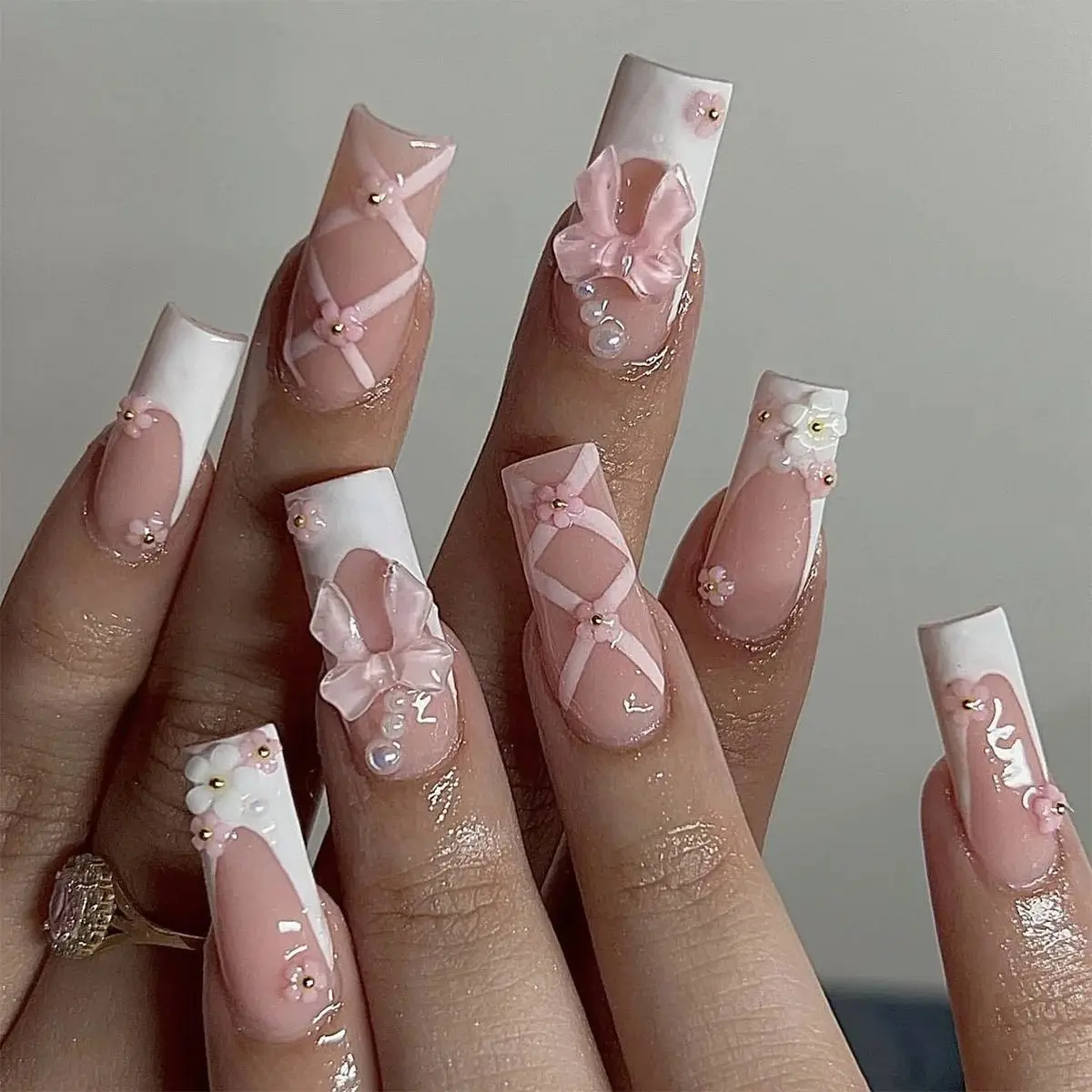 

24Pcs White French False Nails Long Ballet Fake Nail with Pearl Bow Flower Design Press on Nails Pink Wearable Square Nails Set