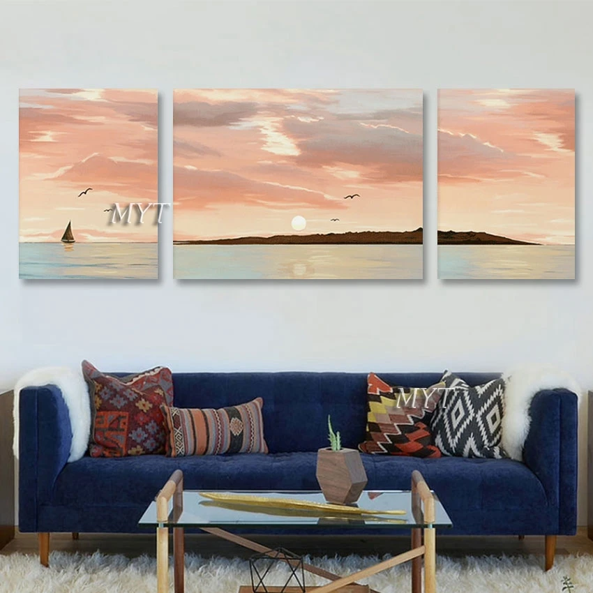 

Linen Canvas Art Frameless Sunset Wall 3d Picture Beautiful Scenery 3PCS Abstract Acrylic Style Oil Paintings Of Sailboats