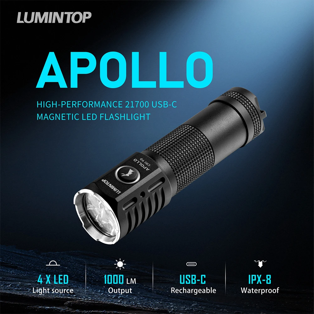 New Lumintop Apollo USB Type C Flashlight 1000 Lumens with Magnetic Tail 4 LED Outdoor 21700 Torch for Work Light Camping
New Lumintop Apollo USB Type C Flashlight 1000 Lumens with Magnetic Tail 4 LED Outdoor 21700 Torch for Work Light Camping