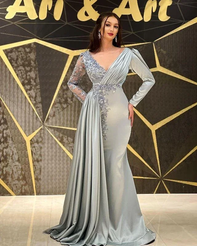 Elegance Arabic Silver Lace Applique Beaded Mermaid Prom Dresses Sheer NeckLace Satin Long Sleeve Evening Formal Party Dresses
Elegance Arabic Silver Lace Applique Beaded Mermaid Prom Dresses Sheer NeckLace Satin Long Sleeve Evening Formal Party Dresses