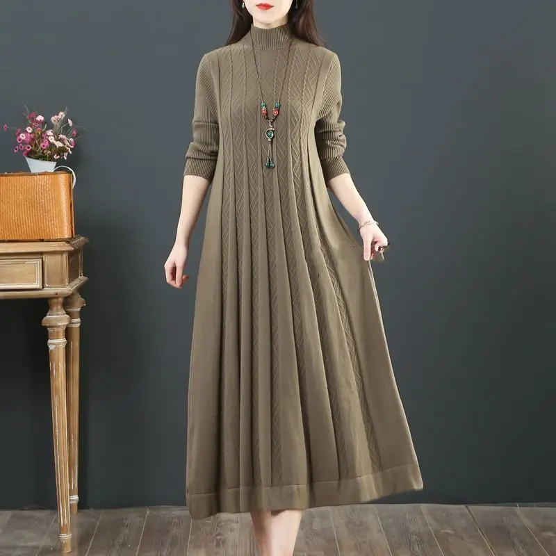 

Basic Casual Solid Color Long Dress Female Clothing Casual Half High Collar Autumn Winter Vintage Stylish Folds A-Line Dresses