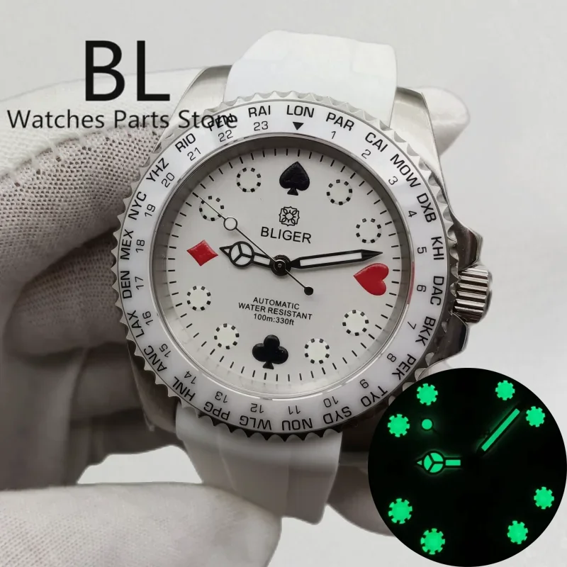 

BLIGER 40mm Rubber Strap Watch For Men NH35 Automatic Movement With Poker Pattern Dial Green Luminous Sapphire Glass White Bezel