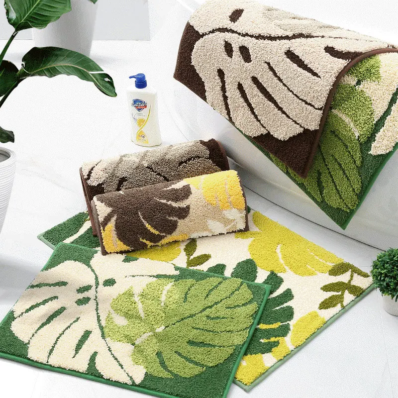 

Green Leaves Soft Tufted Bath Mat Non-slip Absorbent Microfiber Bathroom Rug Home Entrance Doormat Hallway Toilet Door Carpet