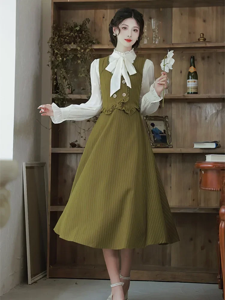

Современная винтажная Женская одежда, платье Гэтсби, ретро Викторианский стиль, зеленые полосатые платья на бретелях, элегантные женские платья