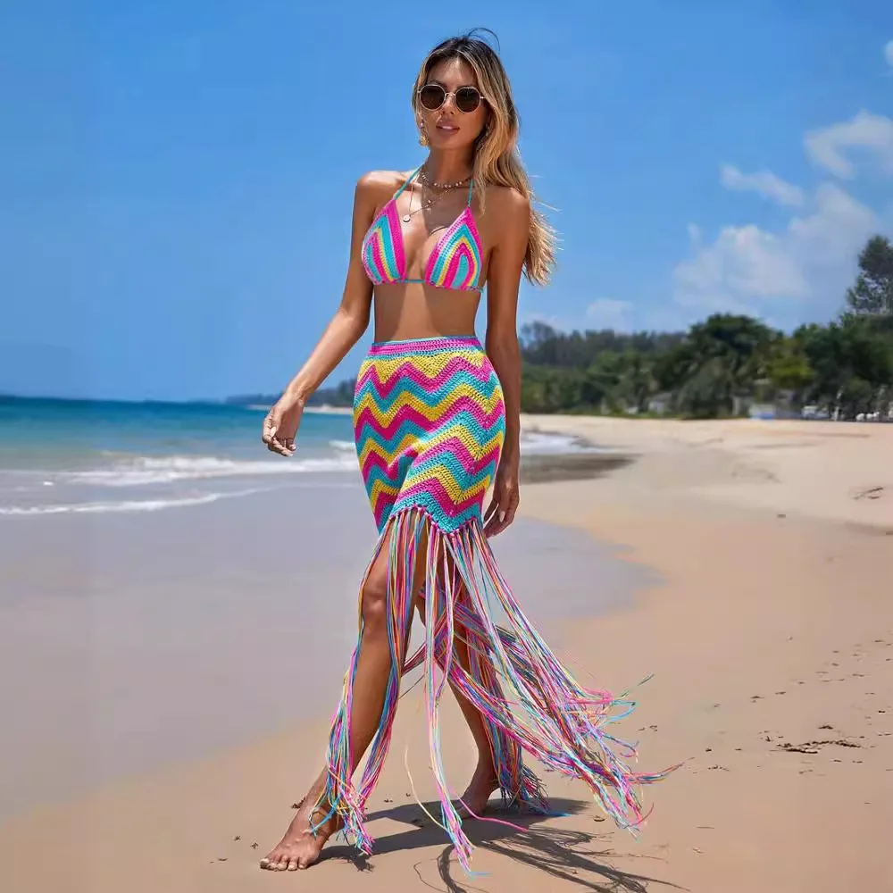 

Модные Разноцветные волнистые пляжные юбки, комплект из двух предметов, женские пикантные топы с кисточками, Длинные костюмы, летнее платье-накидка для бикини