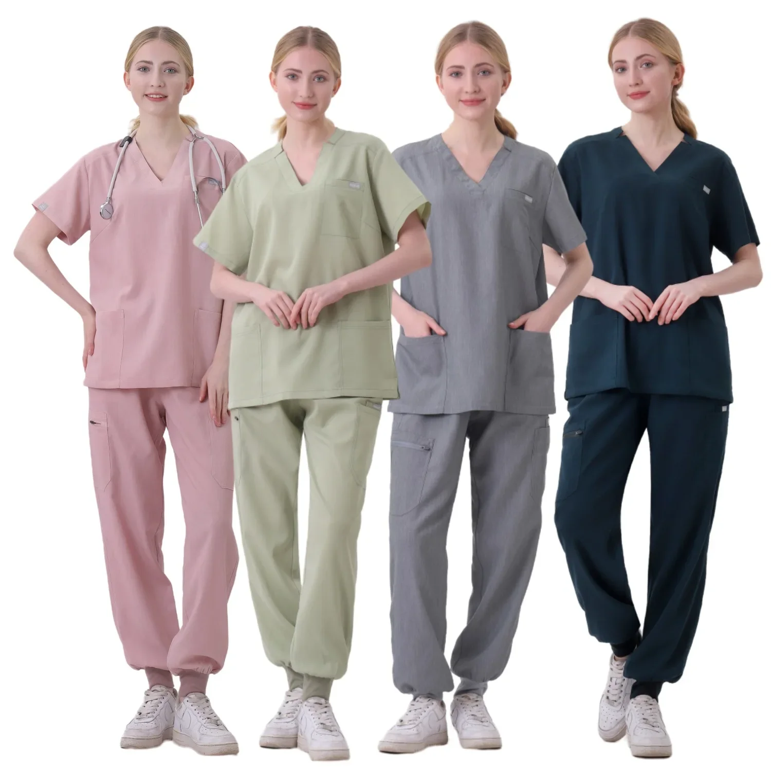 

Hospital Doctor Nursing Uniform Women Wholesale Casual Short Sleeved V-Neck Jogger Suits Nurse Phary Working Medical Uniforms