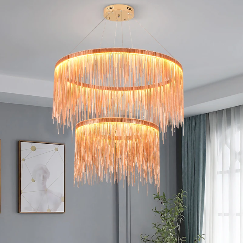 

Dimmable Remote LED Tassel Pendant Lights Modern Aluminum Chain Chandeliers Hanging Pendant Lamps Home Indoor Suspension Lustre