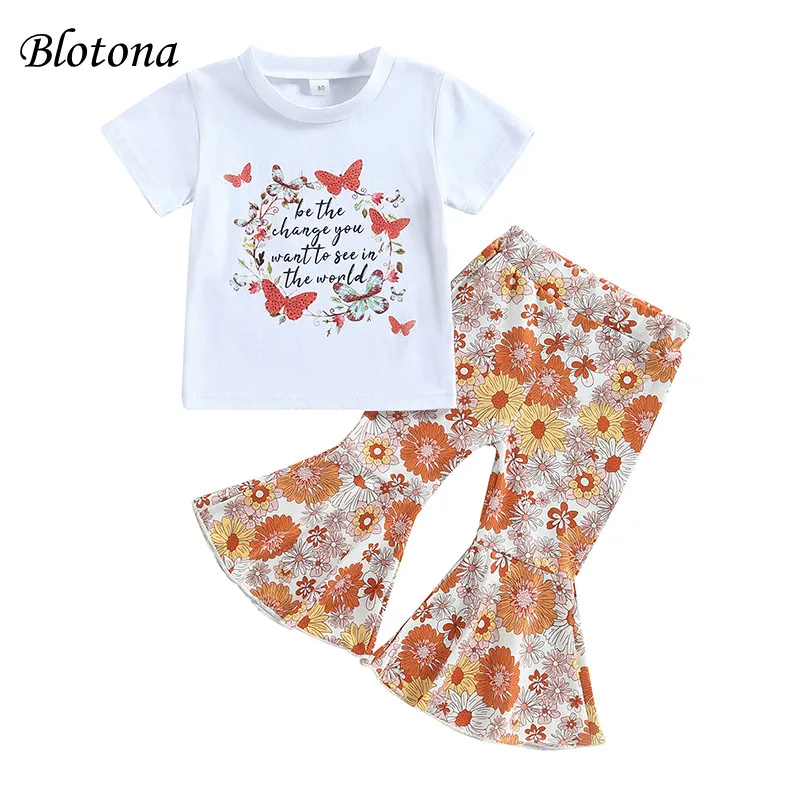 

Blotona Kid Girls Trousers Set, Short Sleeve Crew Neck Letters Butterfly Print T-shirt with Floral Flared Pants 6Months-4Years