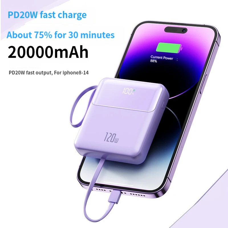 

20000mAh Mini Portable Power Bank Fast Charging External Auxiliary Battery Built-in TYPE-C Cable for iPhone 15 14 Samsung Xiaomi