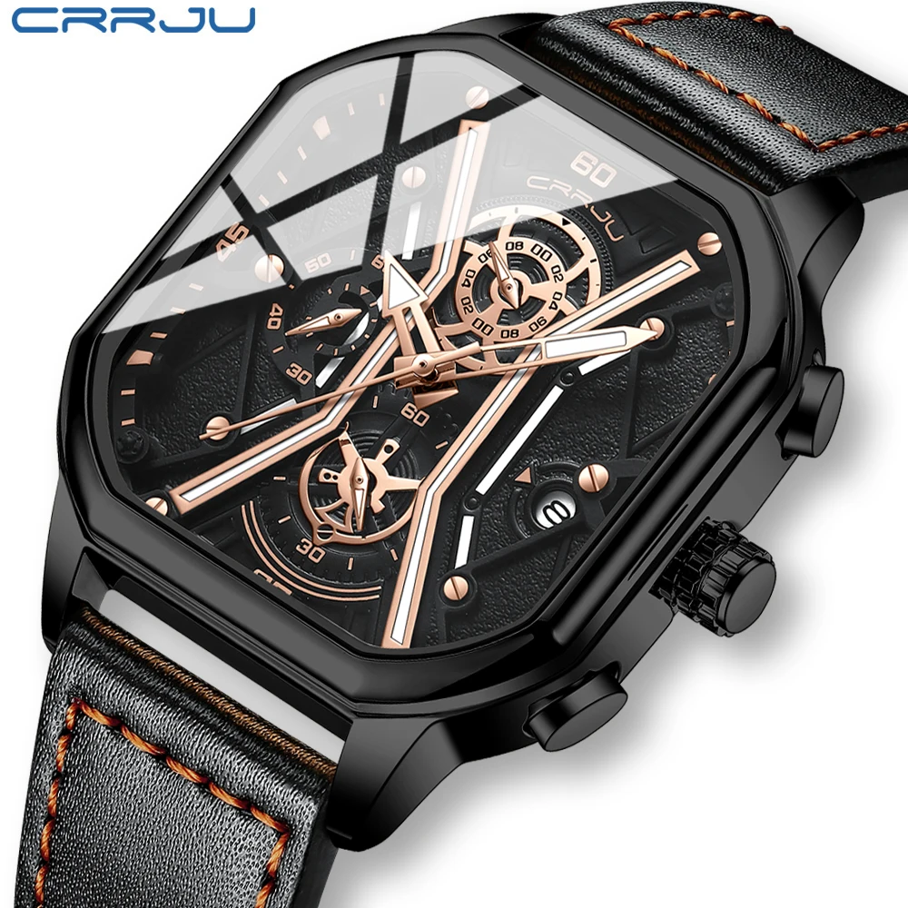 

CRRJU Sport Chronograph Quartz Watch for Men Fashion Blue Silicone Strap Tonneau Dial Wristwatch with Date 3atm Waterproof