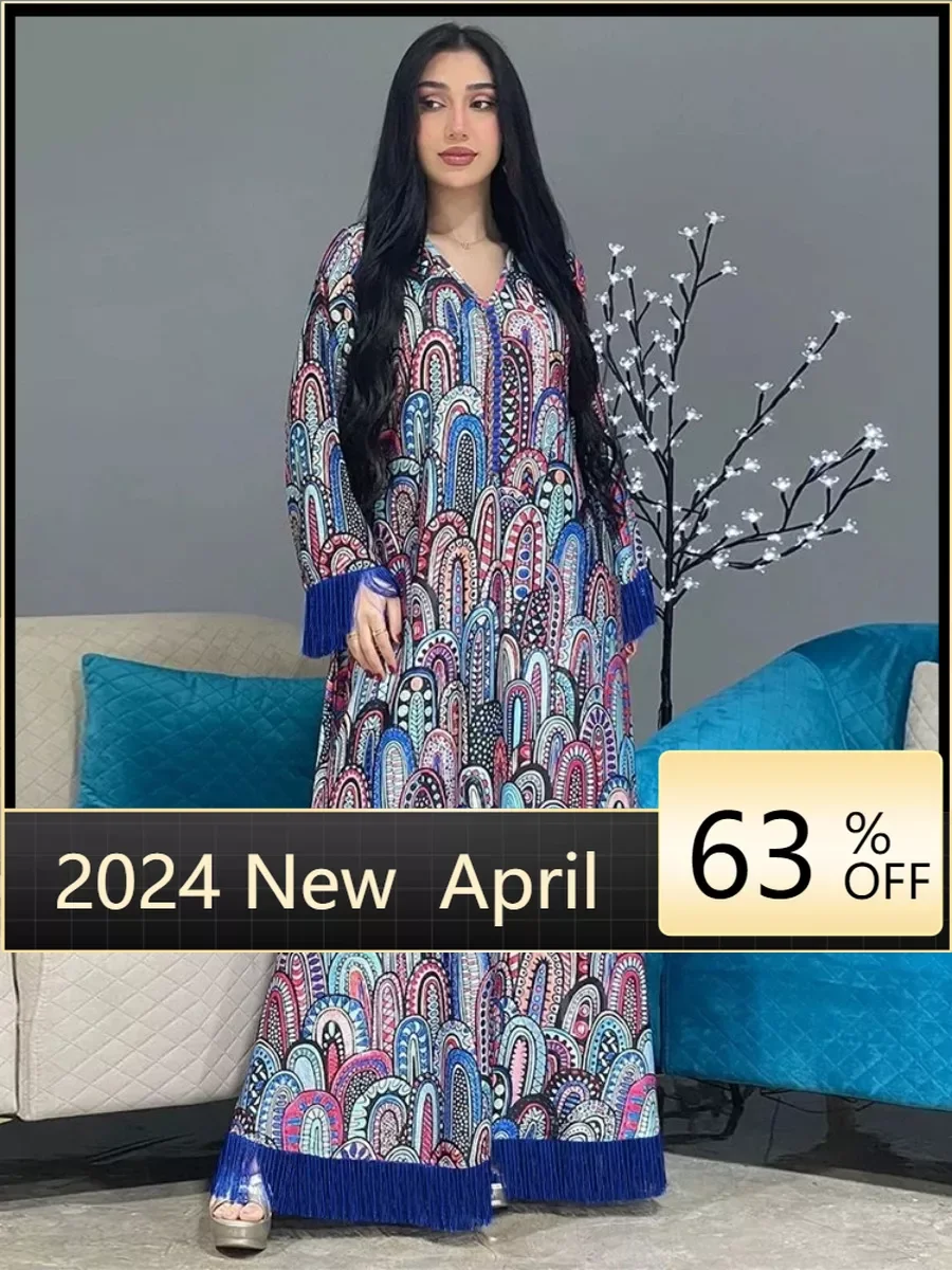 

Eid Arab Muslim Floral Print Party Dress for Women Abaya Tassel Jalabiya Long Dresses Morocco Kaftan Vestidos Dubai Ramadan Gown