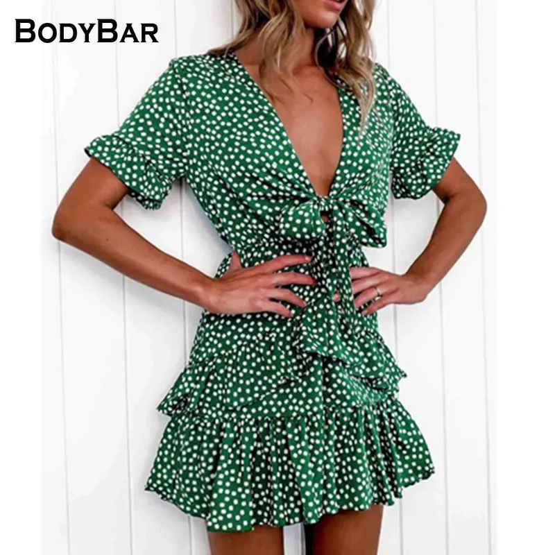 

2021 Women Summer Mini Dress Chiffon Lace Dresses Beach Sundress Bow Short Sleeve Boho Dresses Female Party V Neck Tops Vestidos