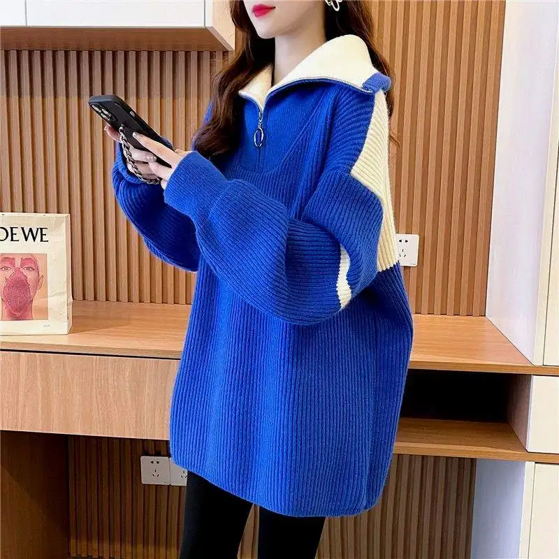 

Свитер с высоким воротником, вязаный пуловер, топы с длинным рукавом, свитшот на молнии, корейская мода, свободная весенне-осенняя одежда в стиле пэчворк, Y2k