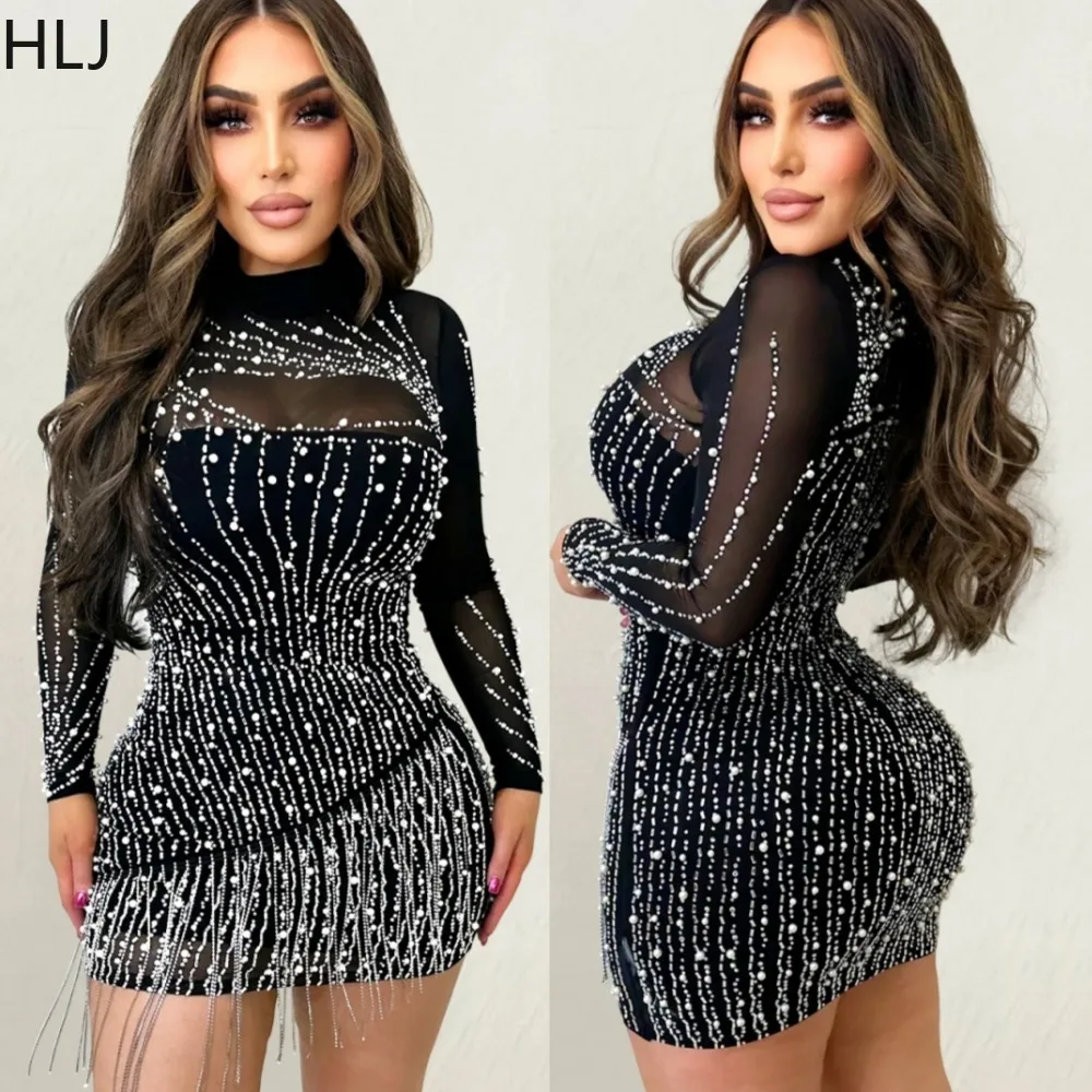 

HLJ Black Sexy Luxury Rhinestone Mesh Perspective Mini Dresses Women Long Sleeve Party Evening Vestidos Lady Bodycon Clothing