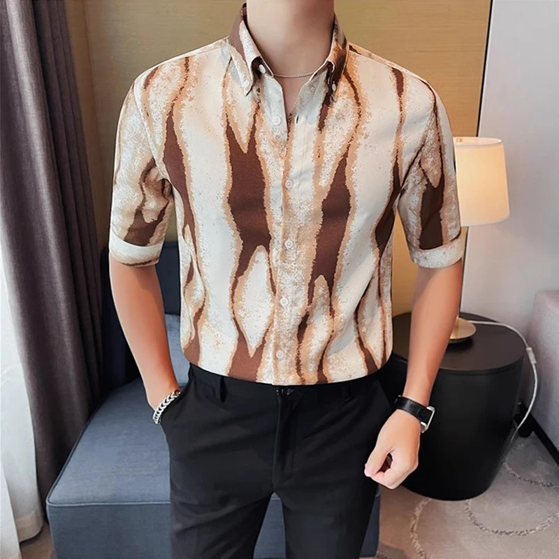 

Fashion Handsome Half Sleeve Mens Shirts Spring Summer Button Down Slim Fit Male Striped Shirt Asian Size Social Mens Clothing