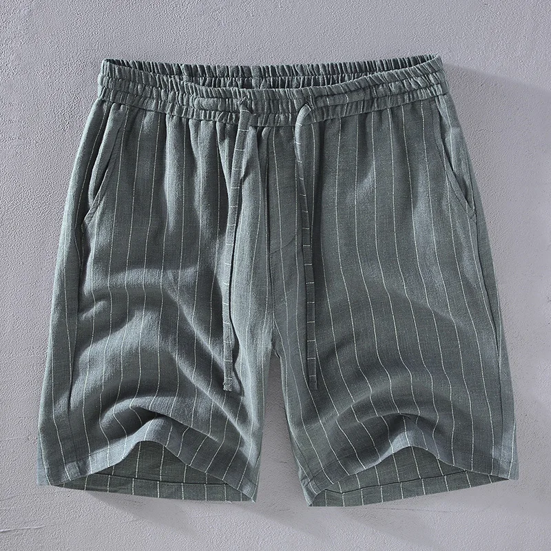 

3035 Cotton Ramic Blended Vintage Shorts Men Summer Fashion Elastic Waist Classic Stripe Outdoor Beach Holiday Half Length Pants