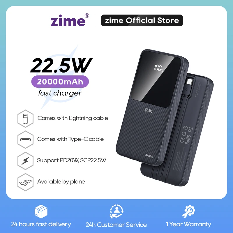 

Zime 20000mAh Power Bank Built-in Cables Portable Powerbank External Battery Charger for iPhone iPad Xiaomi Samsung Huawei