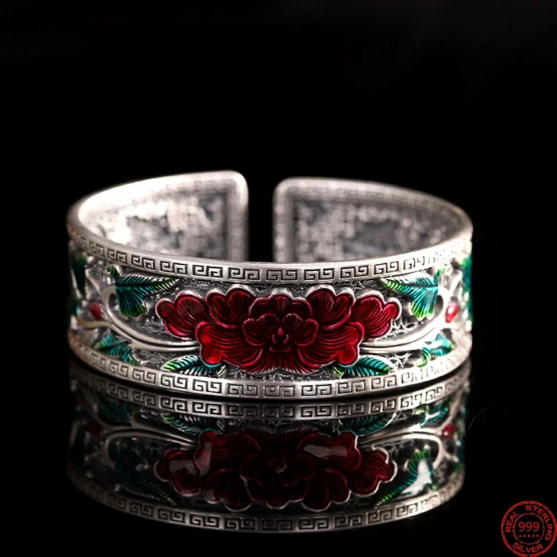 S999 Sterling Silver Bracelet for Women Men New Fashion Enamel Peony Flowers Wide Bangle Ethnic Style Jewelry Free Shipping 
S999 Sterling Silver Bracelet for Women Men New Fashion Enamel Peony Flowers Wide Bangle Ethnic Style Jewelry Free Shipping