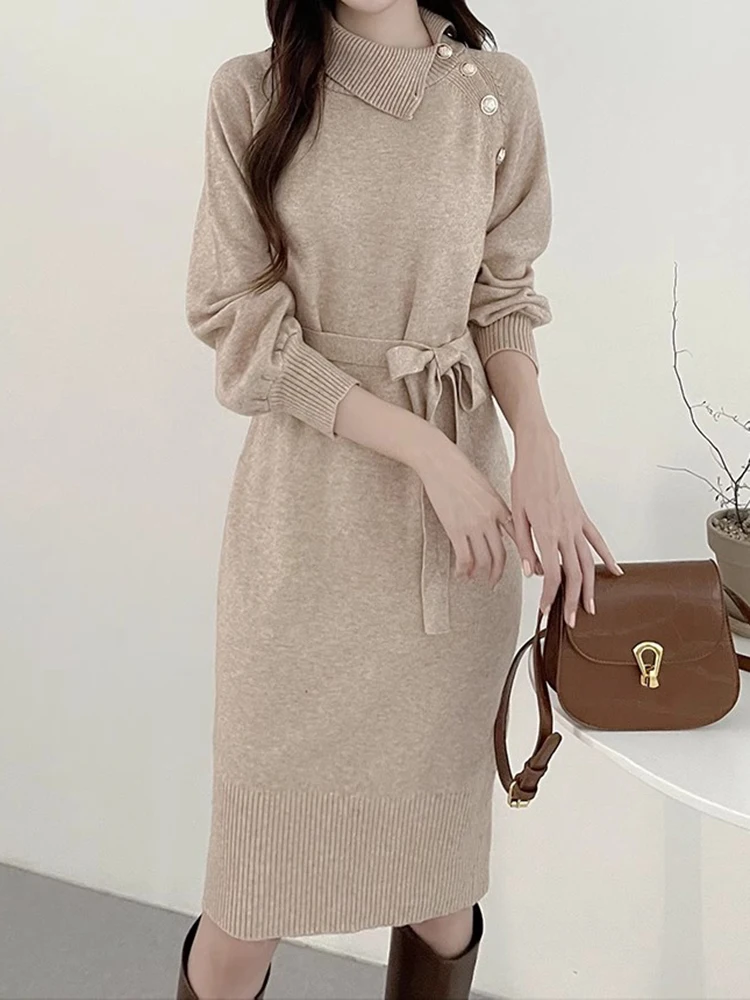Vintage Autumn Winter Knitted Dress Ladies Chic Buttons Turtleneck Bandage Long Sleeve Sweater Dresses for Women 2023 Clothes
Vintage Autumn Winter Knitted Dress Ladies Chic Buttons Turtleneck Bandage Long Sleeve Sweater Dresses for Women 2023 Clothes