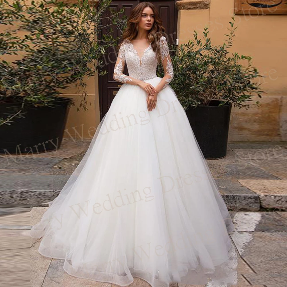 

2024 Generous A Line Women's Wedding Dresses Gorgeous V-Neck Modern Lace Appliques Bride Gowns Long Sleeve Vestidos De Novias