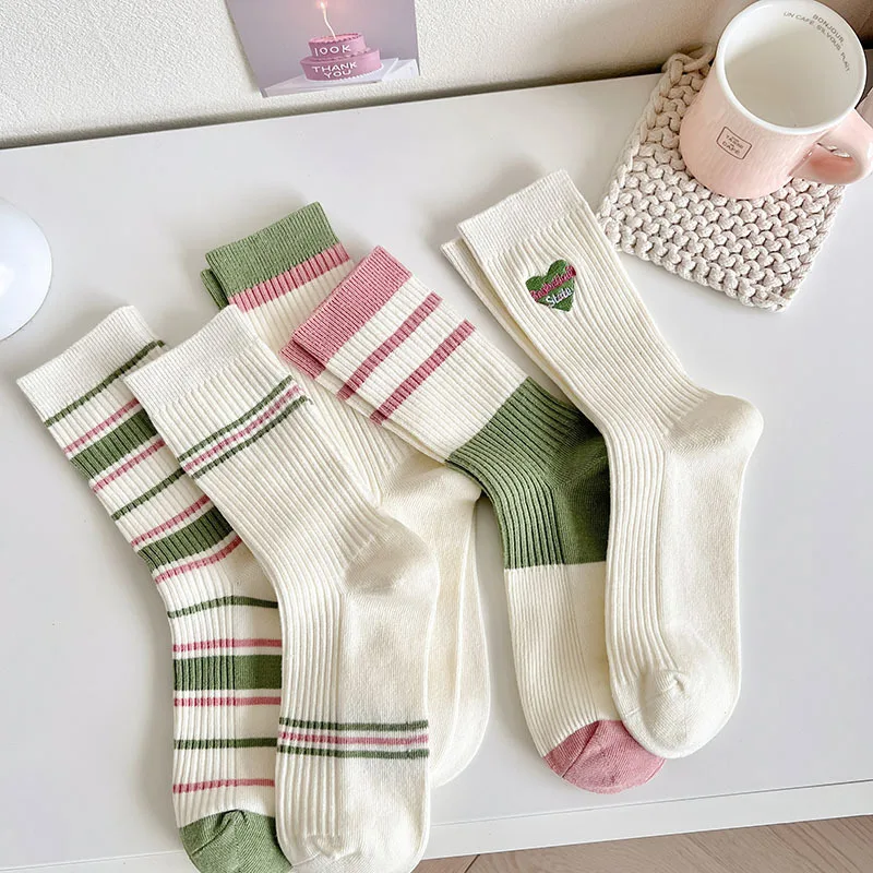 

2 Pairs Of Spring/summer New Socks Women's Mid-tube Socks Striped Embroidery Tide Socks Cotton Women's Pile Socks Casual Socks