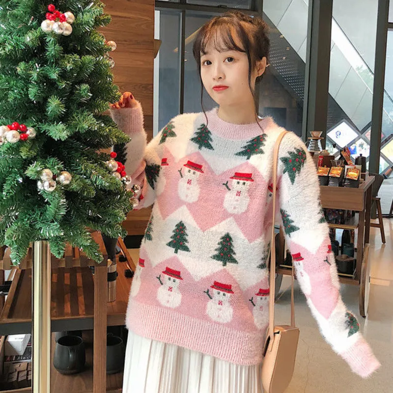 

Women's Knitwear 2023 Autumn Winter New Imitation Mink Fleece Printing Top Christmas Fashion Sweater Korean Loose Pullover Sweet