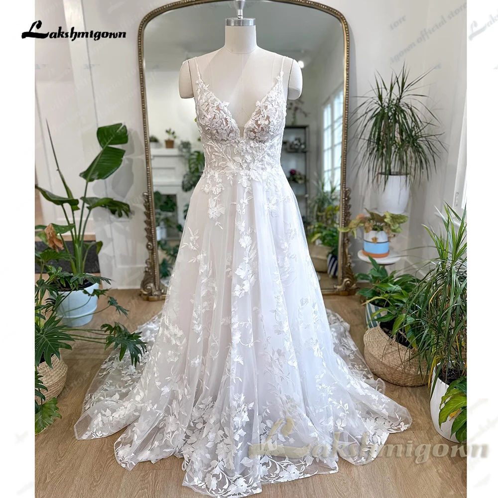 

Lakshmigown A Line Bohemian Boho Wedding Dress Full Lace Bridal Gown Spaghetti Straps 2024 Robe Mariee Vintage Custom Made