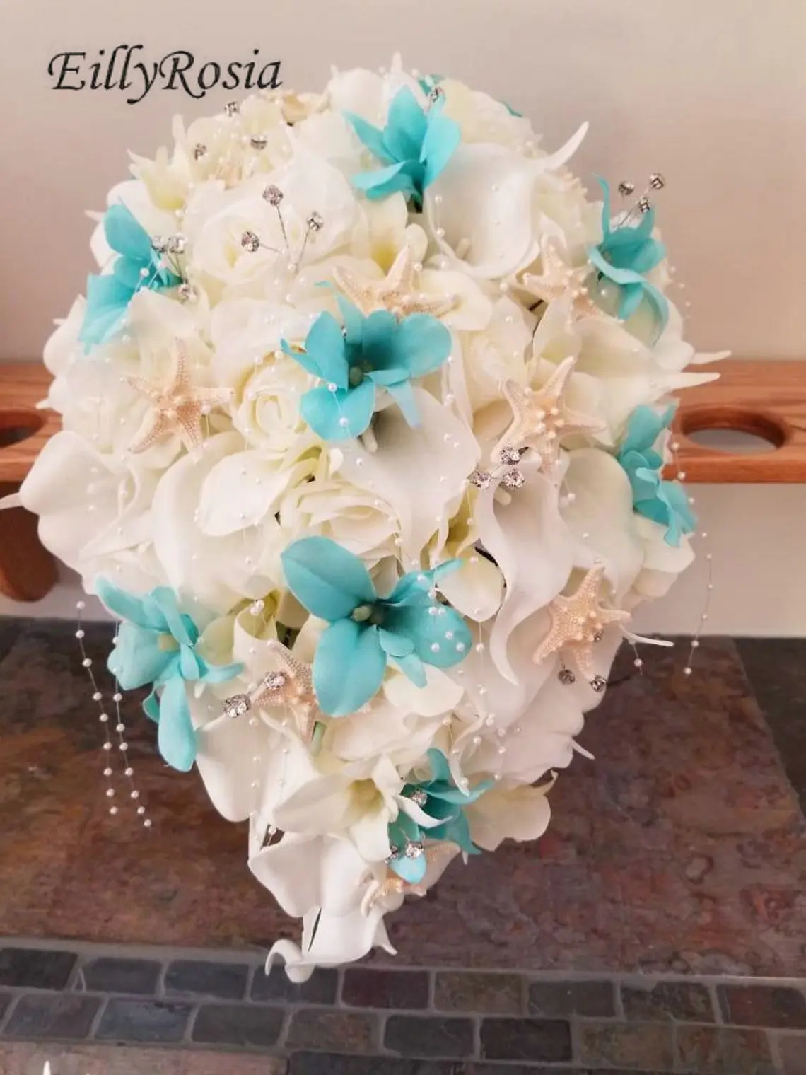 

EillyRosia Cascade Bridal Bouquet Blue Orchid White Calla Lily Roses Pearls Starfish Boho Beach Wedding Bouquet Artificial