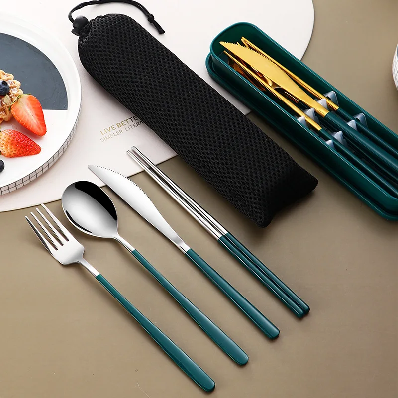 

4pcs 304 Tableware Set Portable Cutlery Dinner Stainless Steel Knife Fork Spoon Chopsticks Travel Flatware with Box