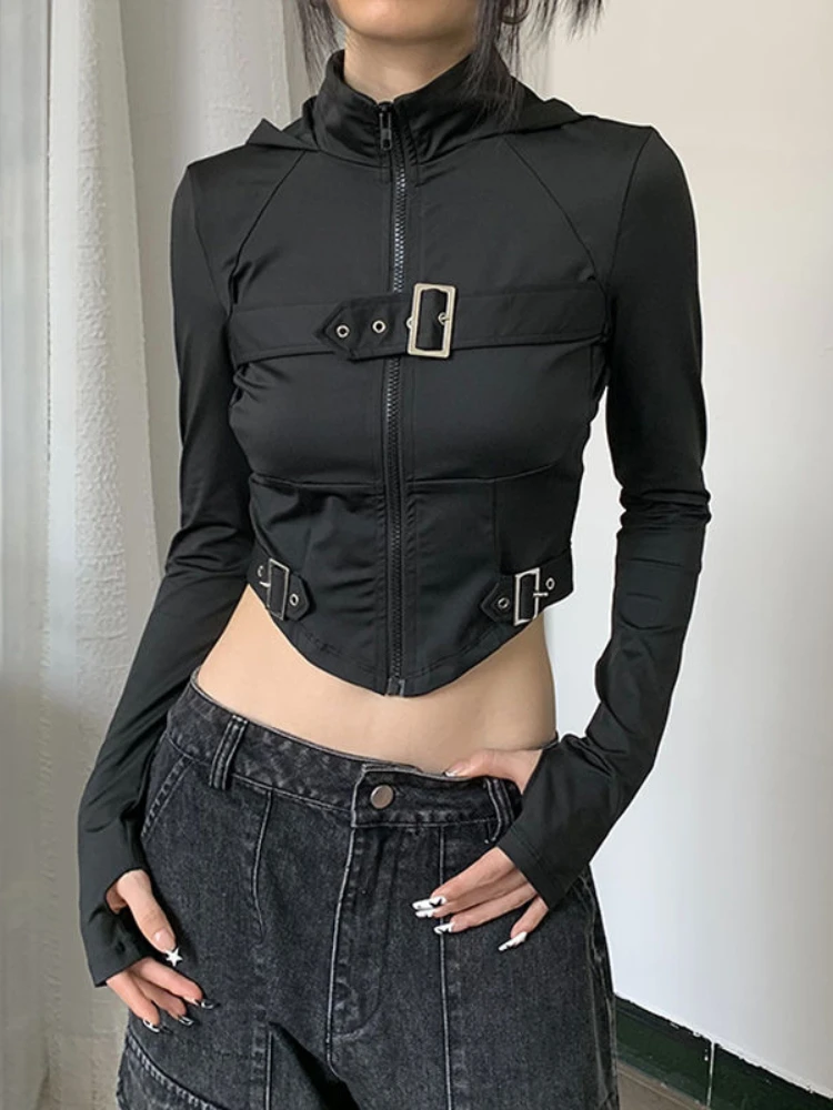 

HOUZHOU Techwear Gothic Black Long Sleeve Tshirts Women Y2K Punk High Street Goth Core Corset Female Dark Egirl Crop Top Zipper