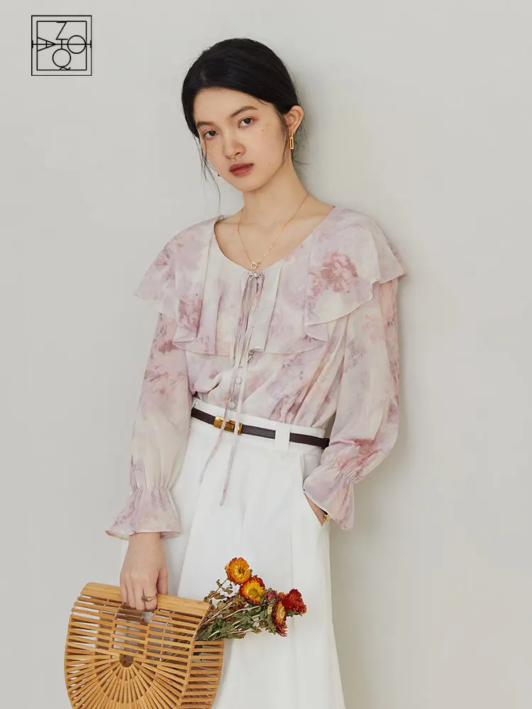 

ZIQIAO Tie-dye Pink Summer New Women Chiffon Shirt V-Neck Ruffle Design Long-Sleeve Thin Blouses Office Lady Loose Women Tops