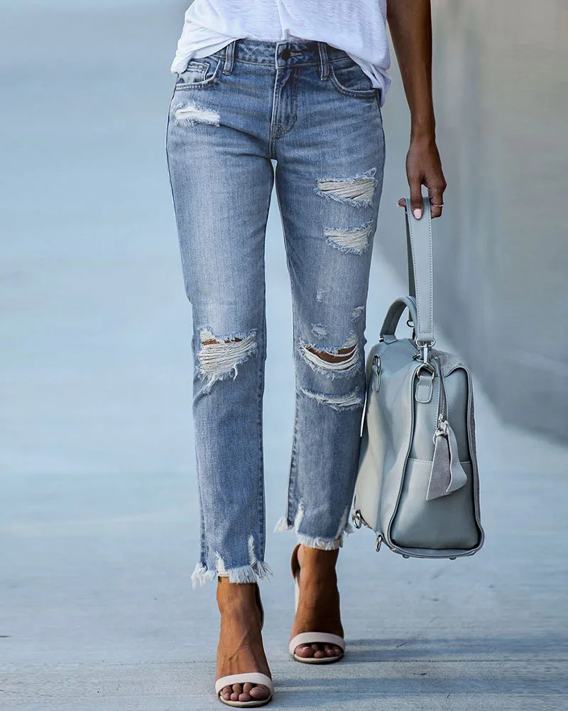 Women Summer Pants Fashion High Waist Button Design Washed Denim Blue Trousers Zipper Fly Cutout Ripped Raw Hem Skinny Jeans
Women Summer Pants Fashion High Waist Button Design Washed Denim Blue Trousers Zipper Fly Cutout Ripped Raw Hem Skinny Jeans