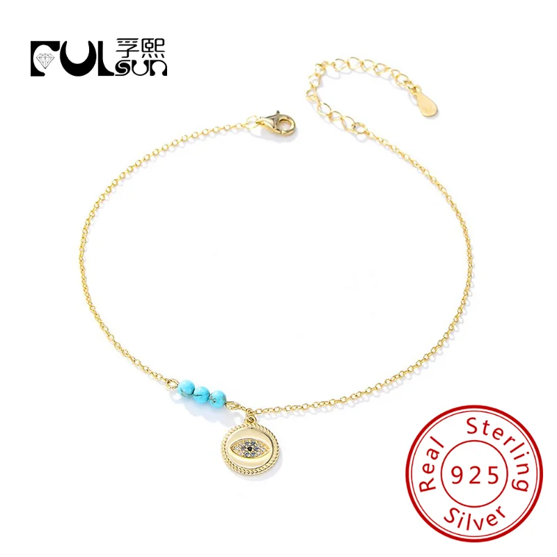 

INS fine jewelry 14k 18K Gold Plated Bohemia beach Turquoise Beaded Anklet 925 Sterling Silver Devil's Eye Anklets for Women