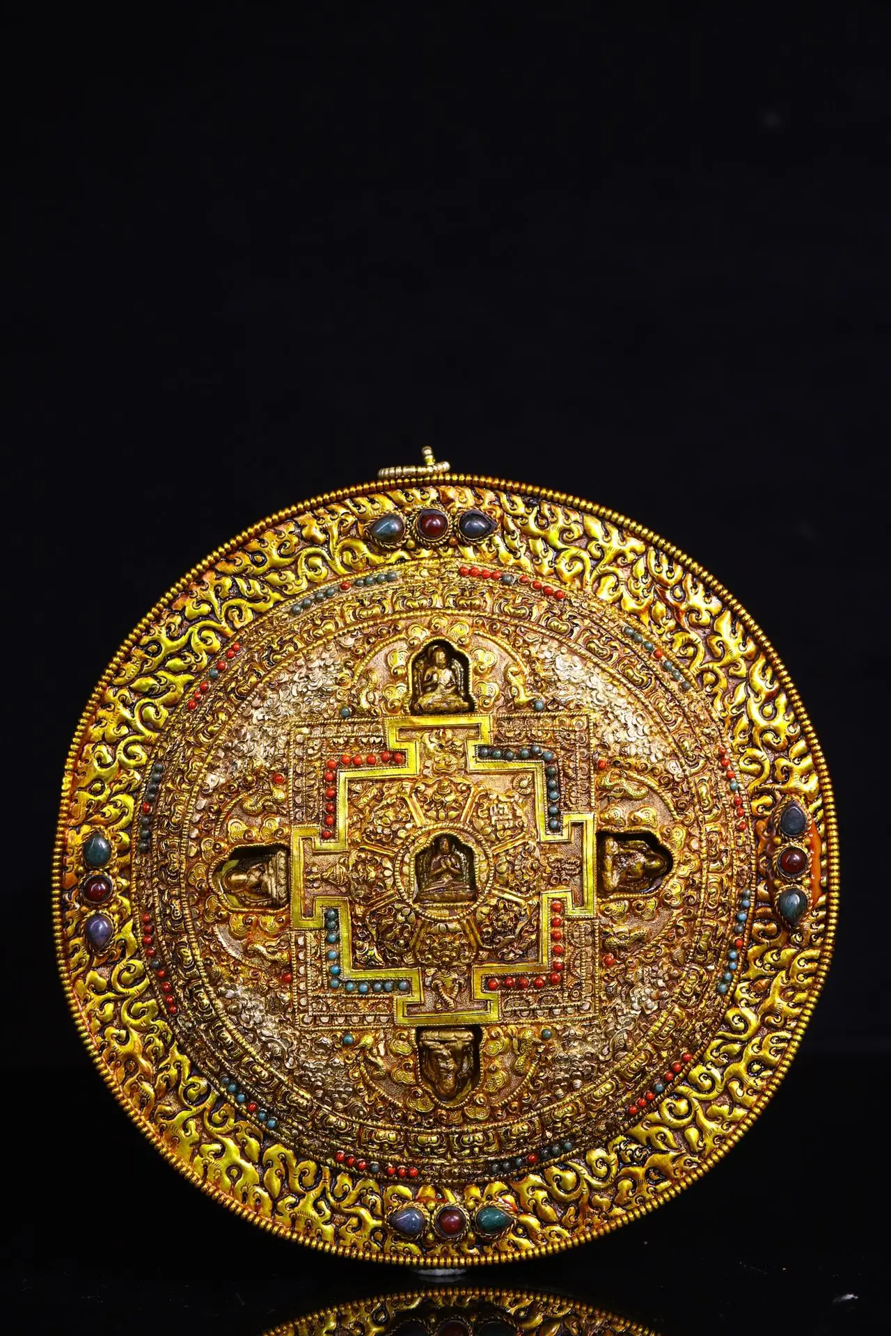 9"Tibetan Temple Collection Tibetan silver Gilt mosaic gem Shakyamuni Five Buddhas thangka hanging screen Amulet Town house
9"Tibetan Temple Collection Tibetan silver Gilt mosaic gem Shakyamuni Five Buddhas thangka hanging screen Amulet Town house