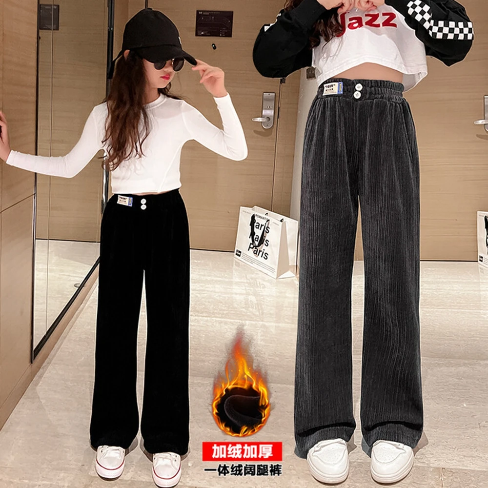 

Warm Kids Pants Teen Girls Autumn Winter Corduroy Thick Loose Trousers 4-16Y Big Children Clothes Girl Casual Pants Fleece Lined