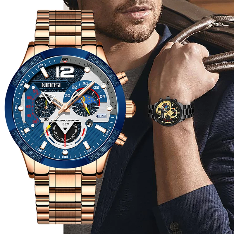 

Модные мужские часы NIBOSI, Роскошные водонепроницаемые кварцевые часы из нержавеющей стали с хронографом, деловые мужские часы 2021