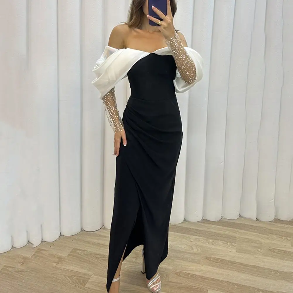 

Women Colorblock Dress Elegant Off-shoulder Evening Dress with Mesh Sleeves Split Hem for Prom Cocktail Party or for Women