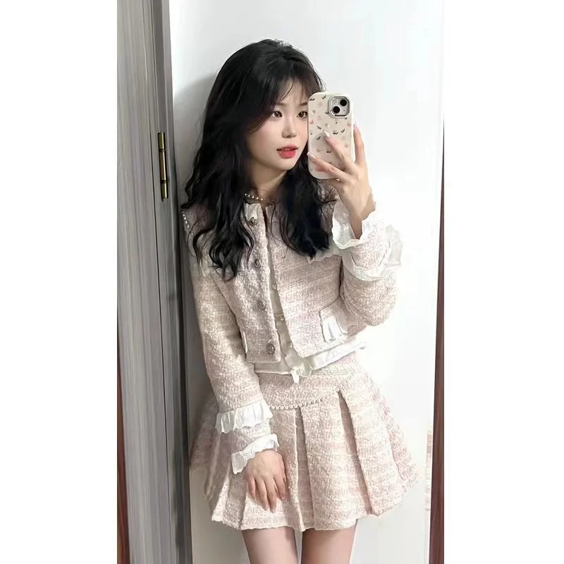 

Spring Outfit, Heavy Work Coarse Tweed Jacket, High Waist Pleated Short Skirt, Chic Style Woolen Pink Two-Piece Set for Women