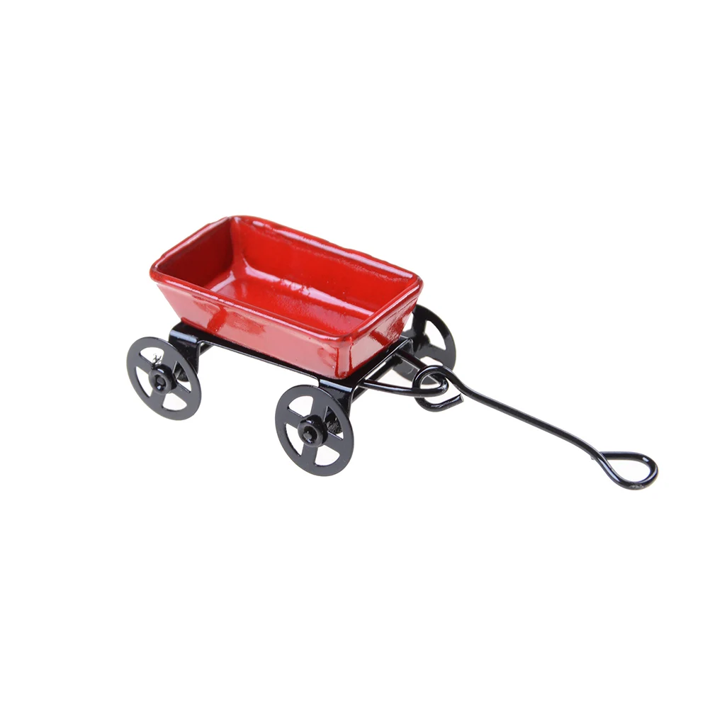 

1:12 Mini Cute Dollhouse Miniature Metal Red Small Pulling Cart Garden Furniture Accessorie Toy For Home Decor Gift Ornament