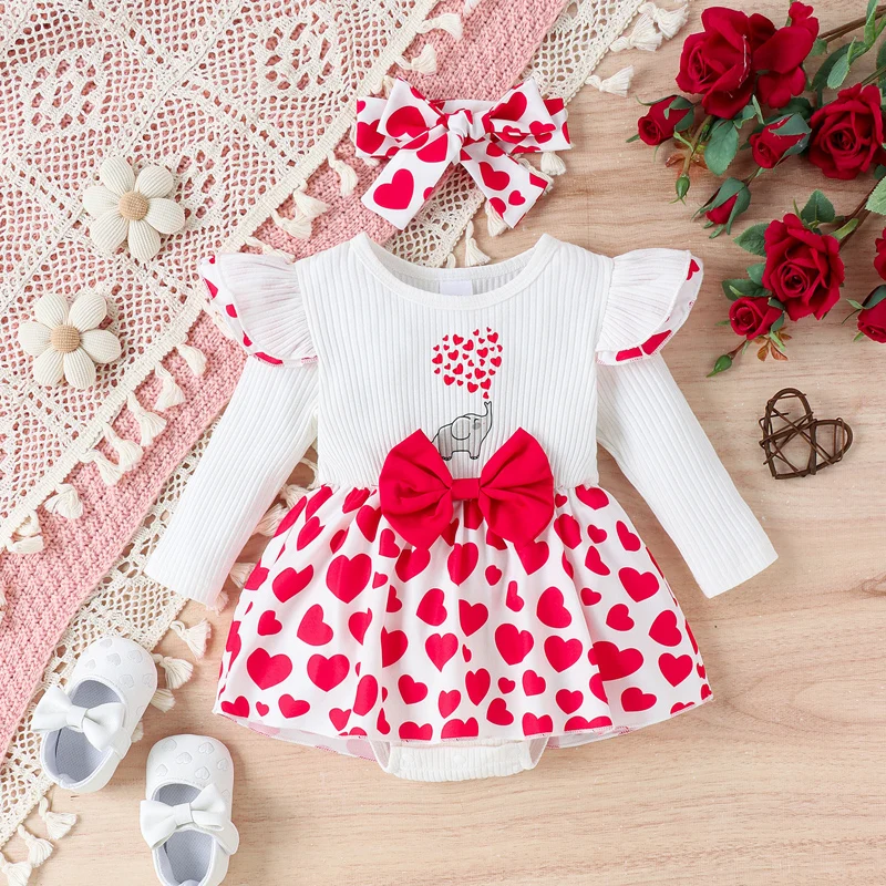 

0-18M Newborn Baby Girls Valentine's Day Romper Heart Print Long Sleeve Romper Dress and Cute Headband Set for Toddler Infant