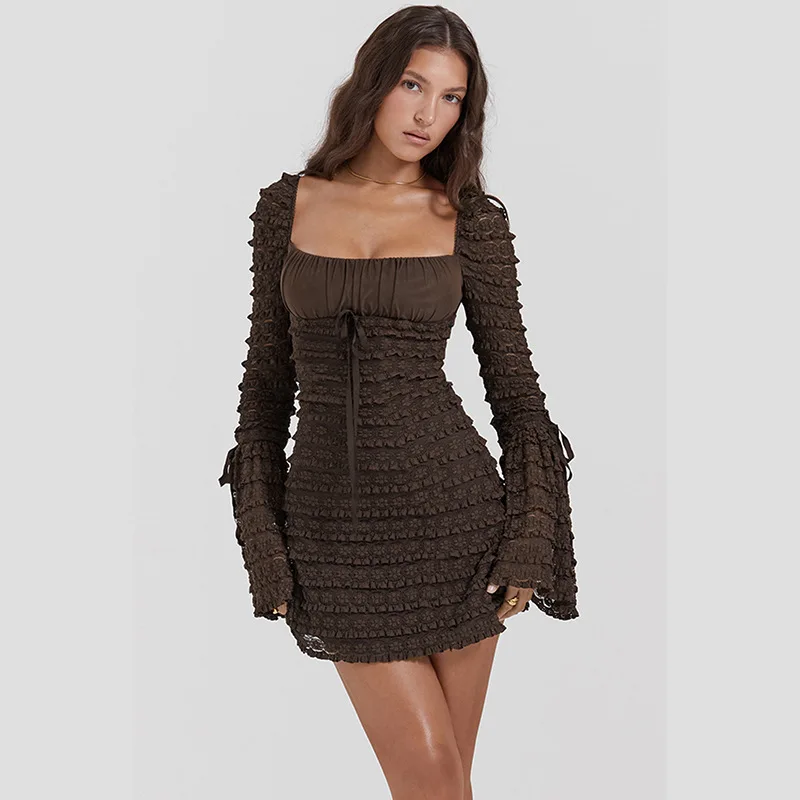 

Multi-layered lace long-sleeved A-hem dress European and American neckline waist hot girl short skirt