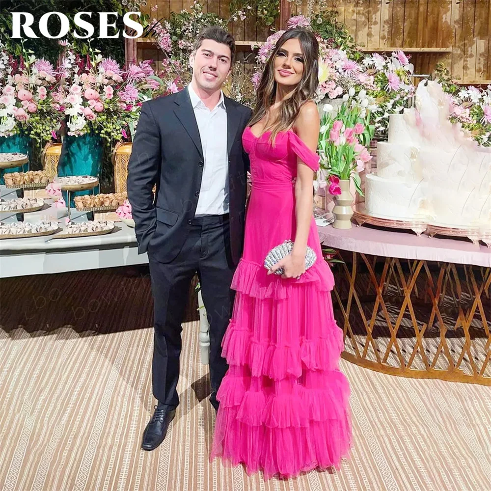 

ROSES Fuchsia Beach Charming Prom Dress Gown Tiered Layer Formal Gown Sweetheart Off the Shoulder Evening Gown vestidos de noche