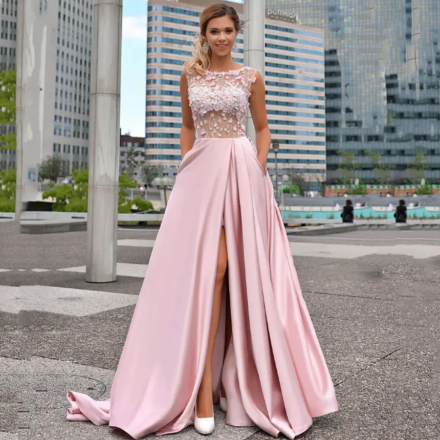 2024 Side Slit O-Neck Sleeveless 3D Floral Lace Applique Homecoming Graduation Formal Party Gown Princess A Line Pink Prom Dress
2024 Side Slit O-Neck Sleeveless 3D Floral Lace Applique Homecoming Graduation Formal Party Gown Princess A Line Pink Prom Dress