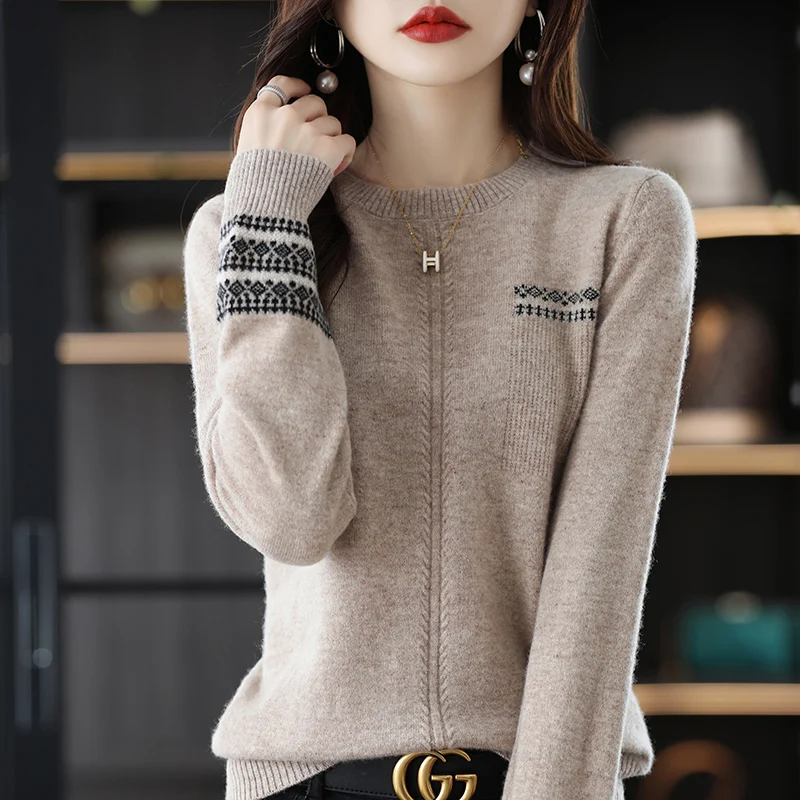 Autumn Winter Knit Women's Jacquard Fashion Pullover Sweater Round Neck Loose 100% Pure Wool Delicate Rib Cuff Knit Thermal Top
Autumn Winter Knit Women's Jacquard Fashion Pullover Sweater Round Neck Loose 100% Pure Wool Delicate Rib Cuff Knit Thermal Top