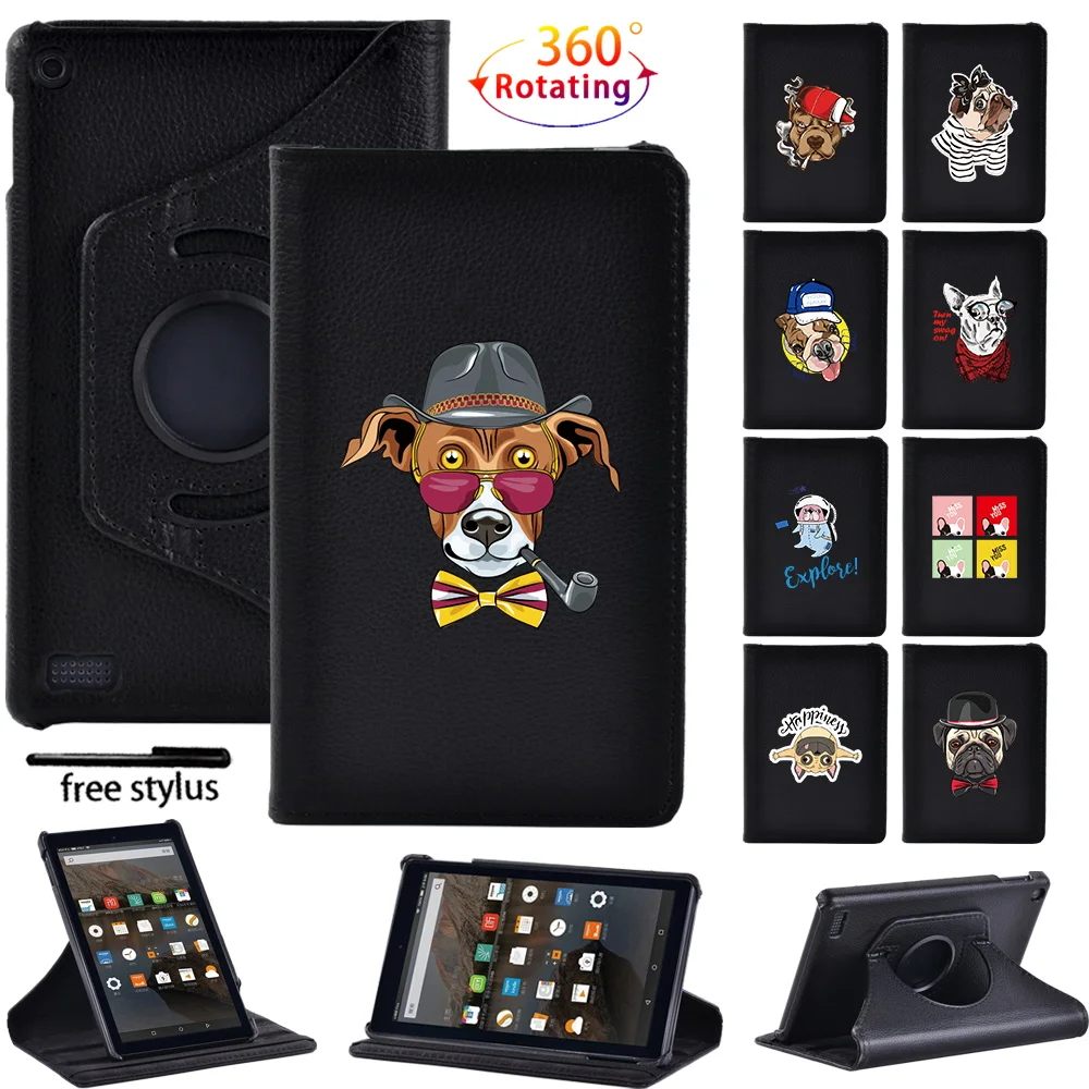 

360 Degree Rotating Tablet Stand Case for Fire 7 5th 7th 9th Gen 2015 2017 2019 Dog Print PU Leather Shockproof Protective Cover
