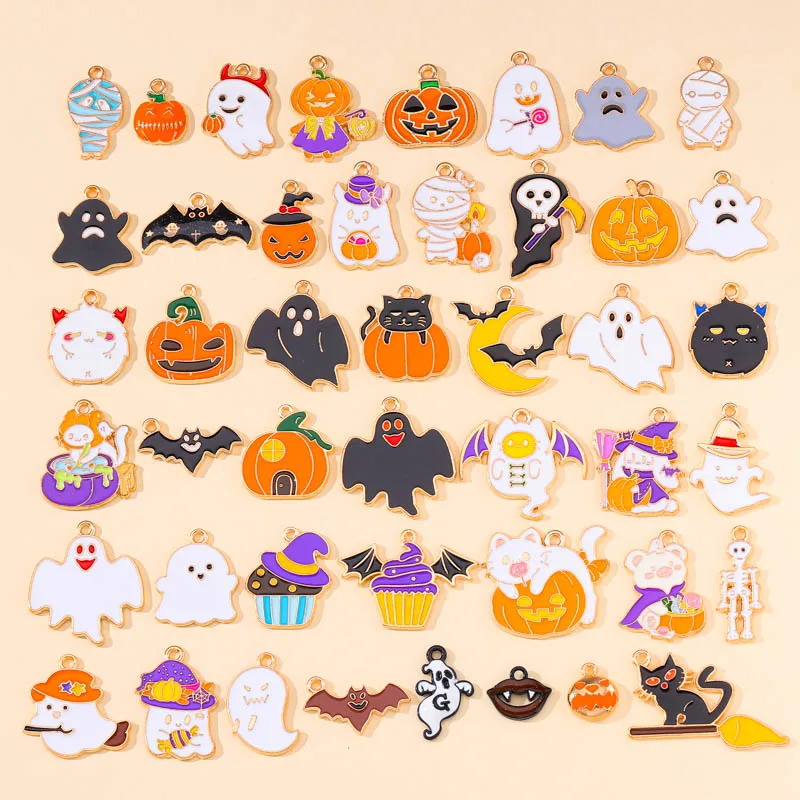 

20Pcs Mix 45 Styles Cartoon Halloween Enamel Charms Pumpkin Skeleton Ghost Bat Cat Pendants for DIY Jewelry Making Party Gifts