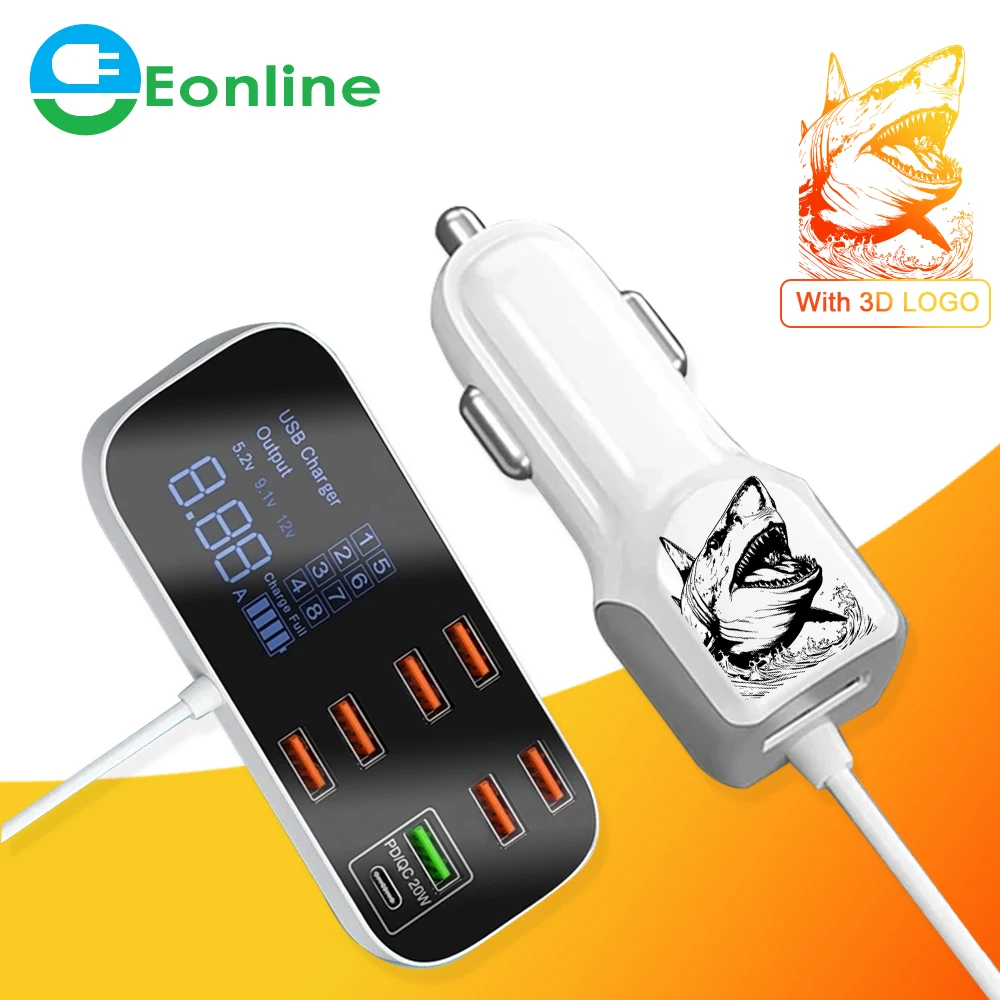 

EONLINE 3D 40W 8 Ports USB Car Charger QC3.0 PD Type C Fast Phone Charger with LED Display Multi USB Charger for iPhone 15 Pro