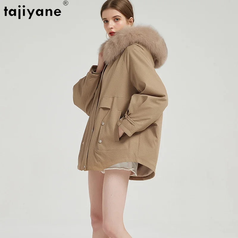

Tajiyane Real Fur Parkas Womens Detachable Rex Rabbit Fur Liner Coat for Women Winter Mid-length Fur Jacket Hooded Fox Collar
